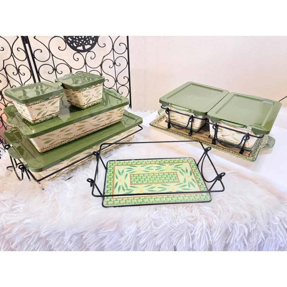 Temptations 10pc Ceramic Rectangular Baking Dish w/ Lid 2.5 qt Green/White 500°F